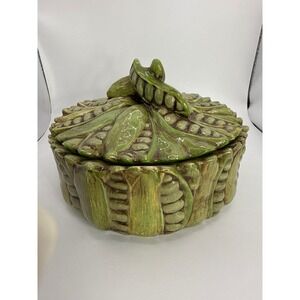 Vintage Green Ceramic Pea Pod Lidded Dish Majolica Style Botanical Candy Jar 8"